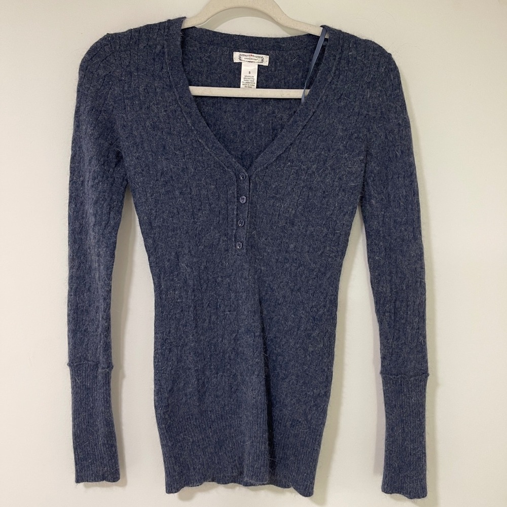 Aphorism Angora Lambswool Cable Knit Henley Sweater Womens Small Blue Longline